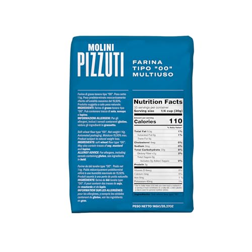 Molini Pizzuti Italian Tipo “00” Soft Wheat Flour – Ultra-Fine – All Natural for Pizza, Bread, Pasta, and Baking, 1 kg (2.2 lbs)
