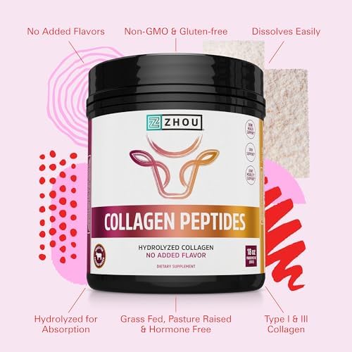 Zhou Collagen Peptides Supplement - 18 oz Jar (46 Servings) | Pure Hydrolized Collagen Powder for Women & Men, Grass Fed Natural Bovine for Skin