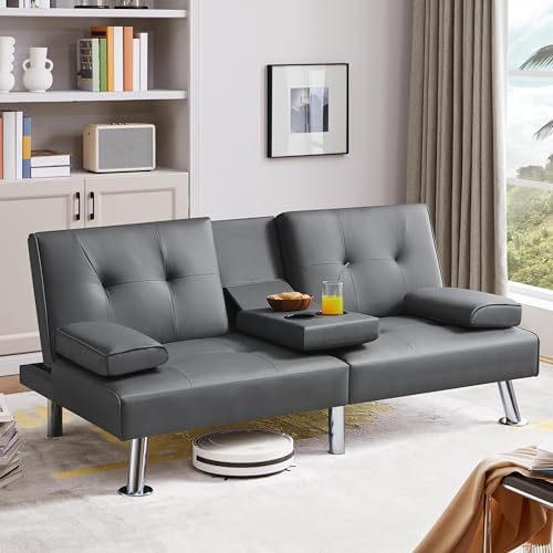 Yaheetech Convertible Futon Sofa Bed Loveseat with Cup Holder, Black