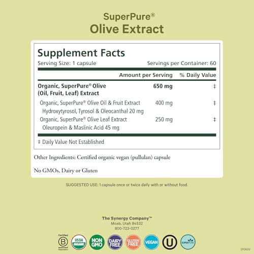 PURE SYNERGY SuperPure Olive Extract | Organic Olive Leaf, Oil, and Fruit Supplement with Polyphenols | for Heart, Brain