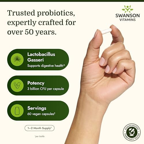 Swanson Lactobacillus Gasseri Probiotic, 3 Billion CFU, 60 Vegan Capsules | For Adults Seeking Digestive and Metabolic Support, a Lactic Acid-Producing Bacterium, Acid-Resistant with No Refrigeration