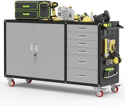 55"W Heavy Duty Rolling Workbench with Drawers and Storage, 1000 LBS Capacity Work Bench with Lockable Cabinet & Adjustable Shelf