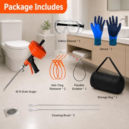 50 FT Double Mode Drain Snake Tools, 14-in-1 Drain Auger for Sink and Drain Unblocking, Plumbing Snake for Kitchen, Bathrom and Shower Sink