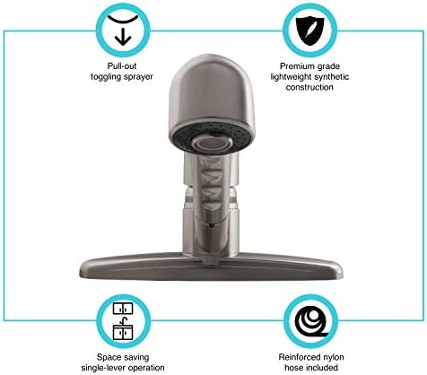 Dura Faucet DF-PK100-SN RV Pull-Out Kitchen Sink Faucet (Satin Nickel) | Corrosion-resistant single-lever build with sprayer. Brushed Satin Nickel. Plated ABS plastic (not metal).