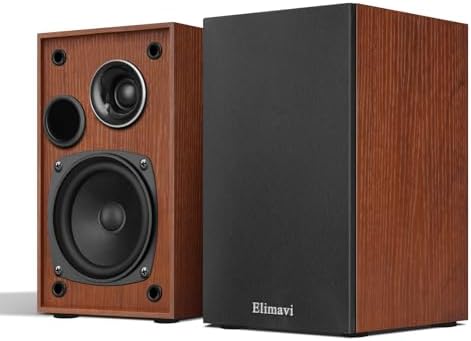 Elimavi Passive Bookshelf Speakers, Requires a Receiver or Amplifier, Brown | 2-Way Design with 4" Woofer & 1" Silk Horn Tweeter, 60Hz Bass, Rear Speakers for Home Theater Surround Sound, Cables included