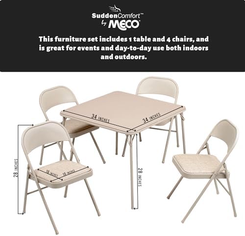 Sudden Comfort 5 Piece 34 x 34 Inch Square Folding Dining Card Table, Tan | with 4 Padded Folding Chairs Furniture Set for Gatherings and Games