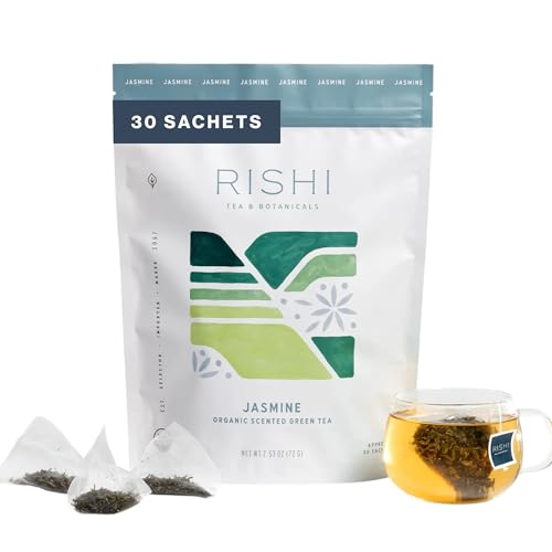 Rishi Tea Jasmine Organic Chinese Green Sachet Tea Bags, Caffeinated, 15ct | Floral Aroma and Taste, Jasmine Flower, Calm, Sustainable, 15 Servings