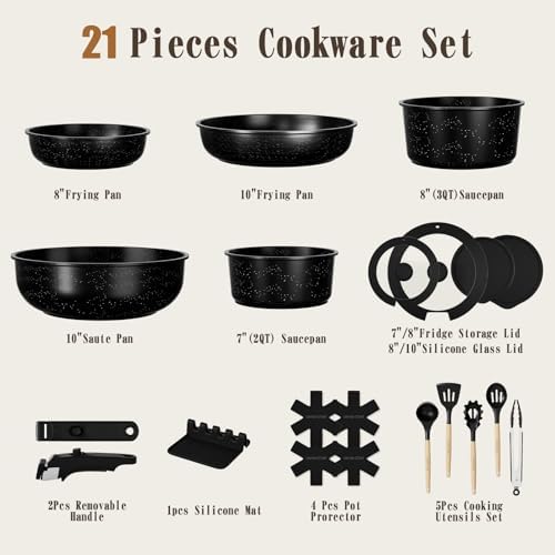 Umite Chef Non Stick Pots and Pans Set, 21 Pcs Ceramic Kitchen Cookware Set with Detachable Handle, Nonstick Healthy Induction Cookware, Dishwasher RV Cookware Set, Oven Safe, Stackable, Sage Green