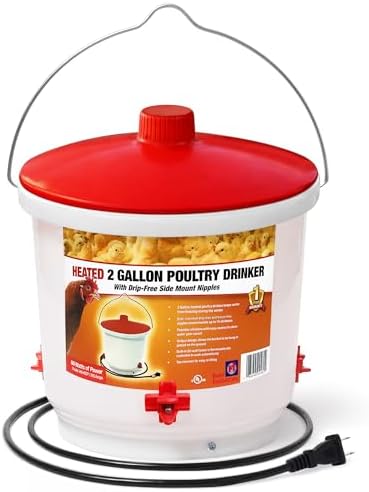 Farm Innovators HB-60P Thermostatically Controlled Heated 2 Gallon Plastic Outdoor Year Round Poultry Chicken Water Bucket Drinker, White/Red | Thermostatically controlled to keep water from freezing, side mounted drip-free/freeze-free nipples for up to…