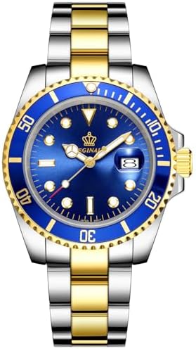 FANMIS Men's Two-Tone Stainless Steel Quartz Watch, Rotating Bezel and Date | Green Dial, Luminous Hands and Markers, Magnified Date Window, Fold-Over Safety Clasp, 30M Water Resistant for Everyday Wear.