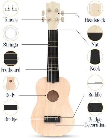 DIY Ukulele Kit - Build Your Own Guitar with 21-Inch Soprano Ukelele Kit, Includes 33 Pieces Make Your Own Ukulele Acoustic Guitar DIY Projects