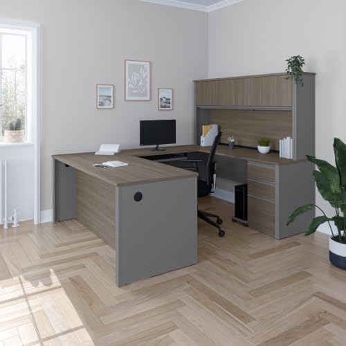 Bestar Prestige + 72W U-Shaped Executive Desk with 2 Pedestals and Hutch in White Chocolate & Antigua | With 2 Pedestals and Hutch; with Narrow Desk Shell, Desk Shell, Desk Bridge, Keyboard Tray, CPU Stand; stands 67 in. tall