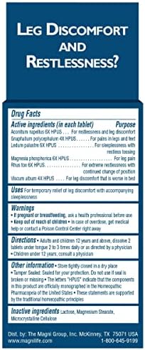 MagniLife Relaxing Legs Sublingual Tablets, 125 Count, Quick-Dissolving Homeopathic Pain Reliever & Nighttime Sleep Aid, Helps Calm Restless Legs, Discomfort & Sleepless Tossing