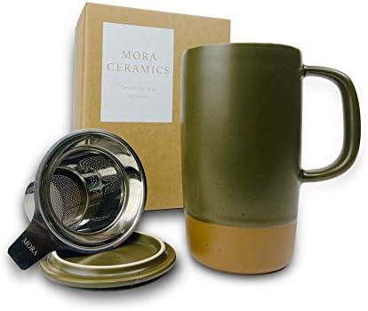 Mora Ceramics Large Tea Mug with Loose Leaf Infuser and Ceramic Lid, 18 oz, Portable, Microwave and Dishwasher Safe