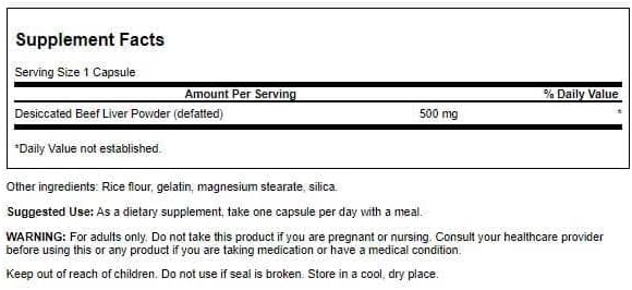 Swanson 100% Pure Defatted Desiccated Beef Liver 500 mg, 120 Capsules | Contains Naturally Occurring Vitamin B12 and Iron
