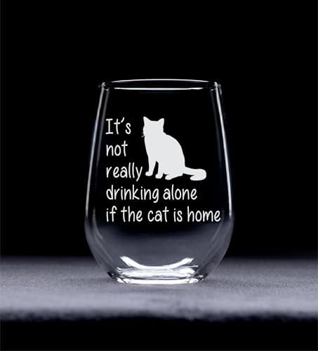 C M The Cat is Home Funny Stemless Wine Glass, Style C1 | Cat Themed Gift, For Women and Men, 17 oz