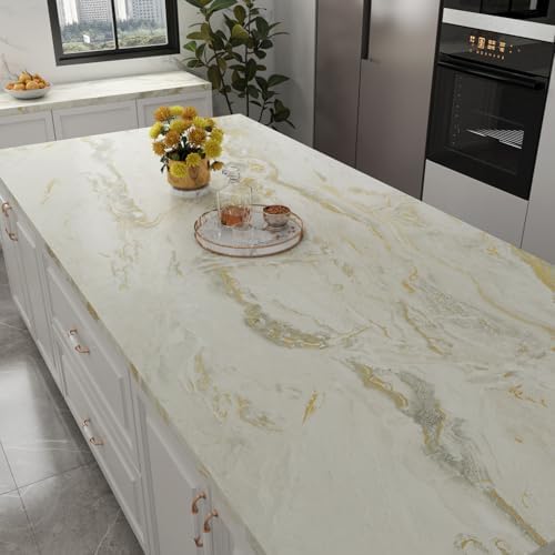 Yenhome Marble Countertop Contact Paper Waterproof Beige Gold Grey Marble Contact Paper for Countertops 17.7"X118" Self Adhesive Marble Wallpaper for Kitchen Matte Peel and Stick Countertop Wrap Vinyl