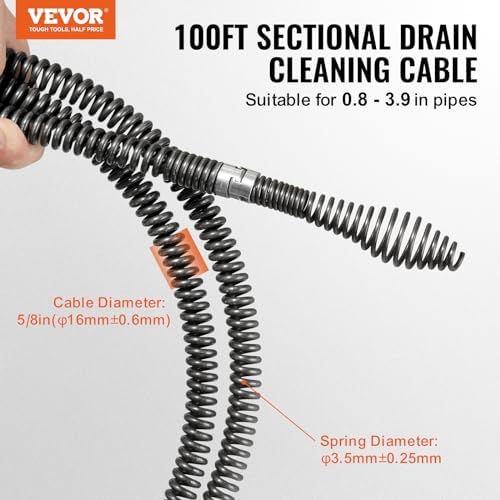 VEVOR Drain Cleaning Cable 100 FT x 5/8 Inch, Professional Sectional Drain Cleaner Cable with 7 Cutters for 0.8" to 3.9" Pipes for Hollow Core Sewer Cleaner Auger Sink, Toilet