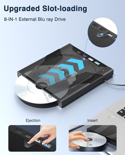 8-in-1 External Blu-ray Drive, BD Reader DVD CD Burner for Mac PC | Black 5Gbps USB3.0 Type-C, SD TF Reader, 8-in-1 BD Optical Drive