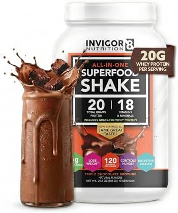 Superfood Grass Fed Whey Protein Isolate Shake Chocolate Brownie Gluten-Free and Non GMO Meal Replacement with Probiotics and Omega 3 (645g)