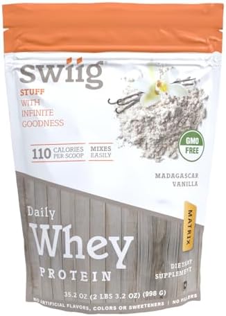 swiig Madagascar Vanilla Whey Protein Powder 20g Muscle Recovery 2.2 lb | Gluten-free, non-GMO daily nutrition supplement with digestive enzymes. Keto-friendly smoothie mix yields 35 servings.