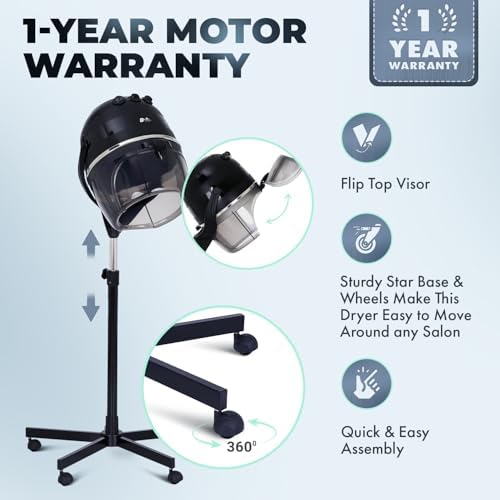 Buy-Rite Meredith 880W Hooded Salon Hair Dryer Adjustable Height | Durable 5-Star Caster Base, Fits Most Dryer Chairs, 60-Min Auto Shut-Off