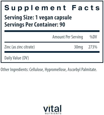 Vital Nutrients Zinc Citrate 30mg - Easily Absorbed Immune Support Supplement - Vegan Zinc Supplement - Gluten, Dairy, Soy Free - Non-GMO - 30mg - 90 Capsules