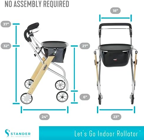 Stander Let’s Go Indoor Rollator, Lightweight Four Wheel Euro Style Walker with Tray, Folding Mobility Aid for Seniors by Trust Care, Silver