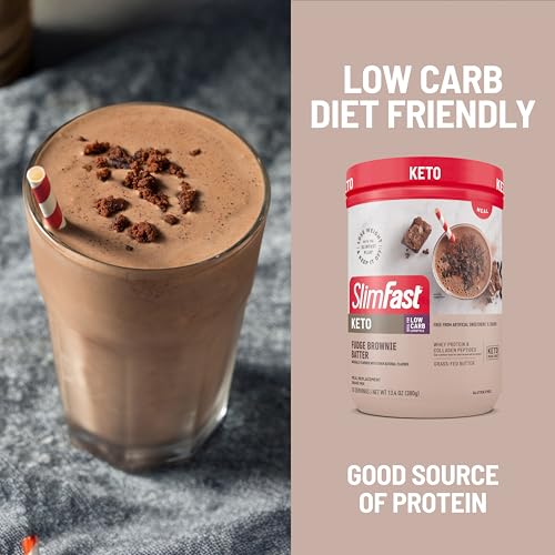 SlimFast Keto Meal Replacement Shake, Fudge Brownie Batter, Low Carb Keto Protein Powder with Collagen & Whey, No Sugar Added, Gluten Free, Weight Loss Support, 10-Serving Canister