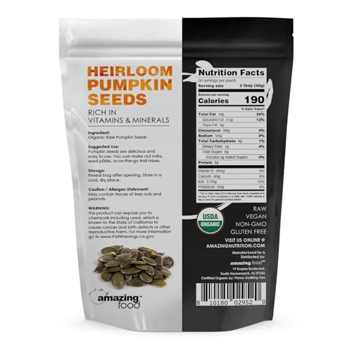 Amazing Food Heirloom Pumpkin Seeds | USDA Organic Certified | 2 Lb (907 G) | Vegan | Non-GMO | Gluten-Free | Made in USA