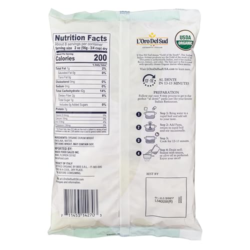 L'Oro Del Sud Organic Farfalle Pasta, Italian Durum Wheat, (16 oz x 4 Pack)