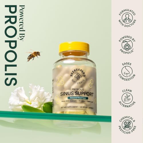Beekeeper's Naturals Sinus Support for Adults, Quercetin & Bromelain, 60 ct | All Natural, Seasonal Nasal Care Relief, Propolis, Quercetin, Bromelain