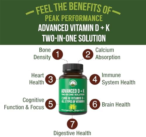 Peak Performance Advanced Vitamin D 2000 IU with All 3 Types of Vitamin K | Vitamin D3 and Vitamin K2, K1, MK-7 (MK7)