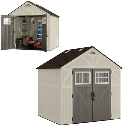 Suncast 8x7 Ft. Outdoor Storage Shed - Large Resin Shed with Floor, Lockable Double Doors