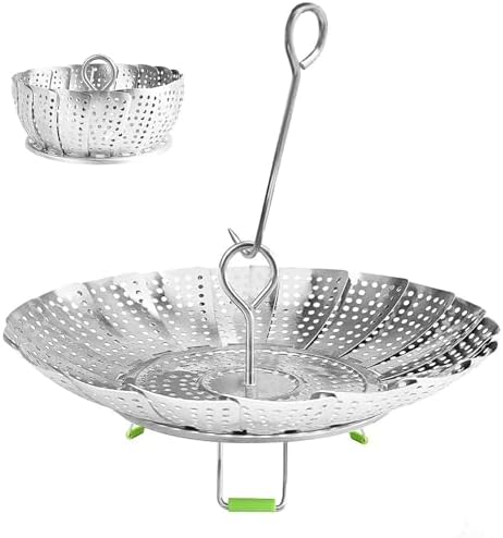 Steamer Basket Stainless Steel Vegetable Basket Metal Handle Folding Silicone Feet Steamer Insert for Cooking Veggies Fish Seafood Include Safety Tool