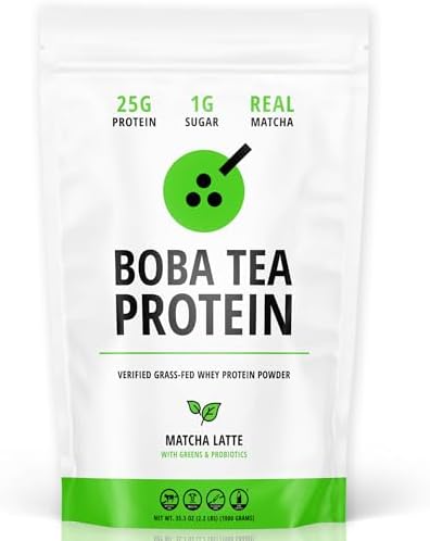 Boba Tea Protein Matcha Latte | 25g Grass-Fed Whey Protein Isolate Powder | Gluten-Free & Soy-Free Bubble Tea Protein Drink | Real Ingredients &