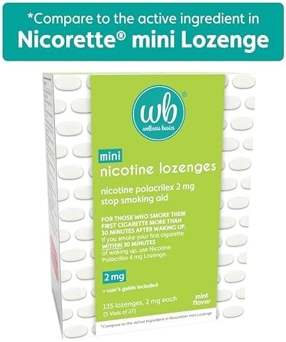 Wellness Basics Mini Nicotine Lozenge 2mg | Stop Smoking Aid | Mint Flavor | 135 Count | Pack of 5 Vials | Reduces Cravings & Withdrawal Symptoms