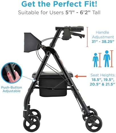 NOVA Star 6 Foldable Rollator Walker for Seniors, Wide Padded Backrest with Seat, 6” All-Terrain Wheels, Easy-Grip Locking Hand Brakes, Height Adjustable, Blue