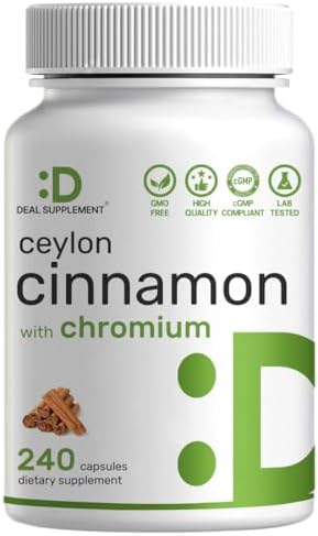 Ceylon Cinnamon with Chromium 1000mcg, 240 Capsules | Active Inner Bark Extract, True Sri Lanka Source | Natural Cinnamon Supplements