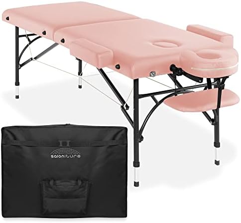 Saloniture Professional Portable Lightweight Bi-Fold Massage Table with Aluminum Legs - Includes Headrest, Face Cradle