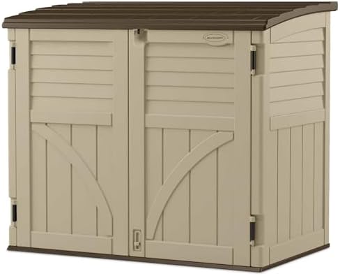 Suncast Horizontal Shed, Compact Outdoor Storage System, 34 Cu. Ft. Capacity, Sand & Slate - Lockable Multi-Wall Resin Organizer for Garbage Cans