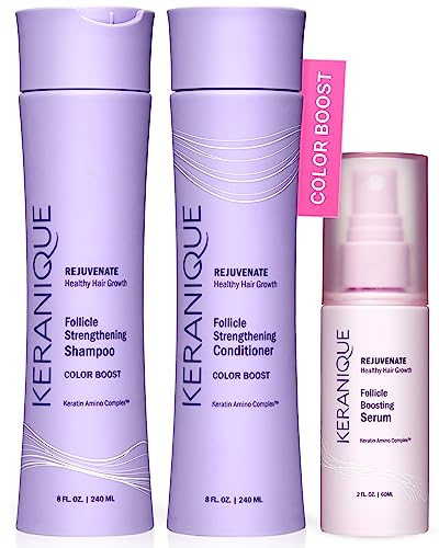 Keranique Color Treated Shampoo and Conditioner Set with Follicle Booster Hair Serum - Keratin Enriched Color Boost Set w/Shampoo