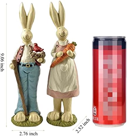 Easter Bunny Decorations Couple Rabbit Holding Bird Chutes and Carrot, Hand-Painted Crafts Statue