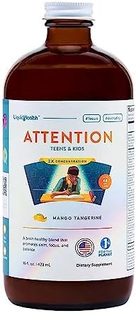 LIQUIDHEALTH Attention Liquid Multivitamin for Kids & Teens - Improves Memory Retention, Concentration, Focus, Mood, Relaxation & Calming - Made in the USA, Great Taste, Vegan, Sugar-Free (16 oz)