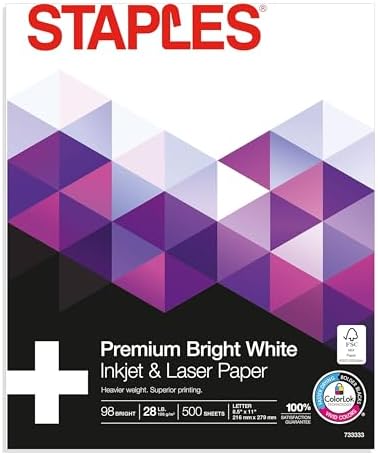 Staples Laser Paper 8.5 x 11 Inch 28 lb 98 Bright High‑Quality Prints, 500 Sheets | Heavyweight paper for crisp, professional prints in laser printers and copiers.