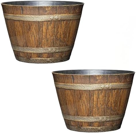 Classic Home and Garden Outdoor Round Whiskey Resin Flower Pot Barrel Planter, Distressed Oak Brown, 20.5" (Pack of 3)