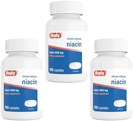 Rugby Timed-Release Niacin 1000mg Captabs for Adults, 100 Count (1-Pack) | Dietary Supplement for Energy, Circulation and Metabolism Support, Controlled Release to Help Minimize Flushing