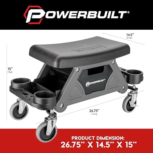 Powerbuilt 42-Inch Triplex Folding Creeper, Rolling Seat, and Brake Stool, All-in-One Adjustable Roller Garage Chair, Lay Down or Sit, Black 620469