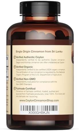 Organic Ceylon Cinnamon Capsules, USDA Certified Supplement - 90 Count | Premium Grade, True Sri Lankan Variety, Cinnamomum Verum, All-Natural, Non-GMO, Gluten Free, Made in the USA (GMP)