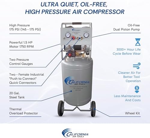 California Air Tools 20015HP 1.5 HP Ultra Quiet, Oil-Free, 175 PSI High Pressure Air Compressor with Wheels, 20 Gallon Tank Capacity